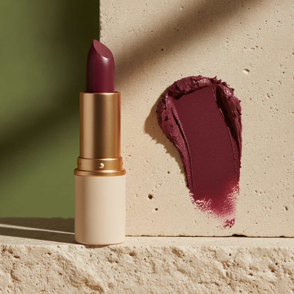 Professional editorial photograph of deep plum lipstick showing rich matte texture on a cream surface.